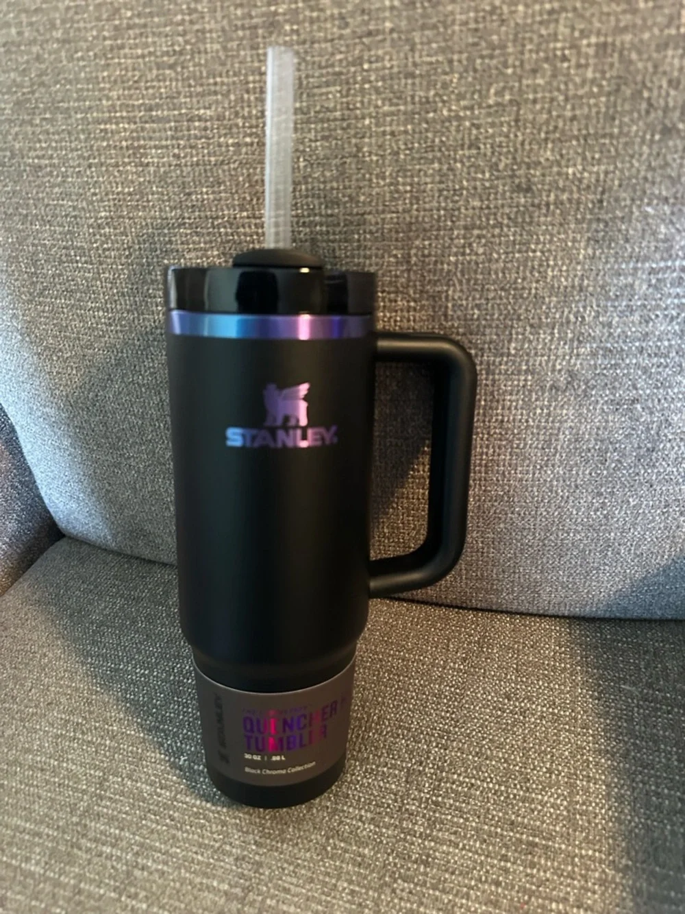 Stanley Black Tumbler with Iridescent Purple-Blue Accents and Handle - Picture 1 of 3